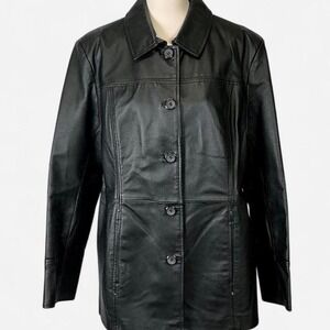 Black leather jacket button up women's XL east 5th
